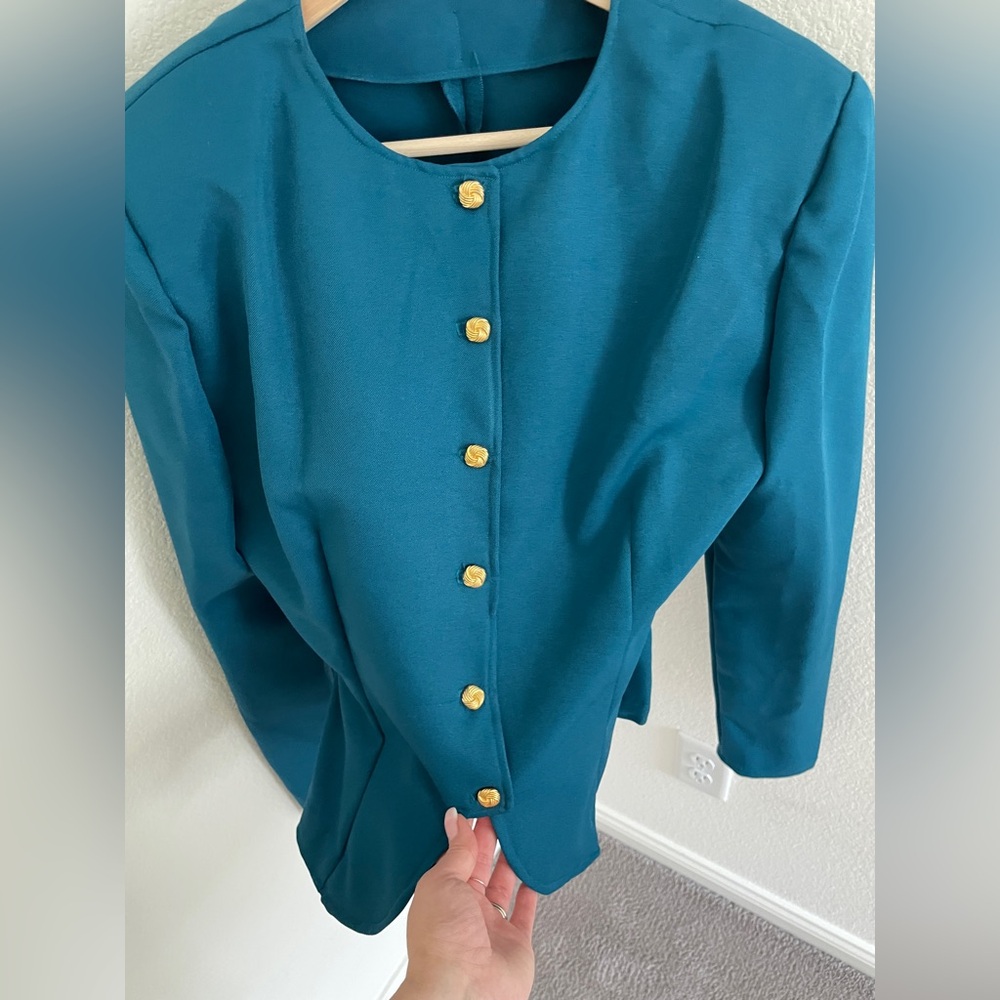 Teal Women's Two-Piece Pantsuit with Gold Buttons - Picture 6 of 12